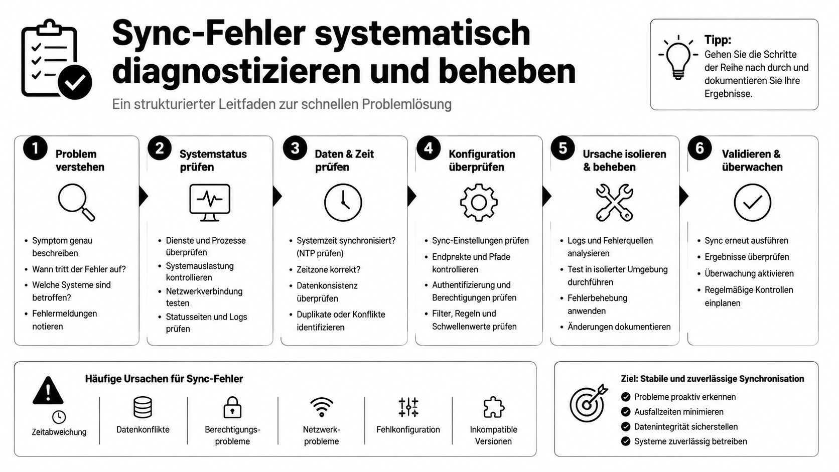 Ein strukturierter Leitfaden zur systematischen Diagnose und Behebung von Synchronisationsfehlern in sechs Schritten dargestellt.