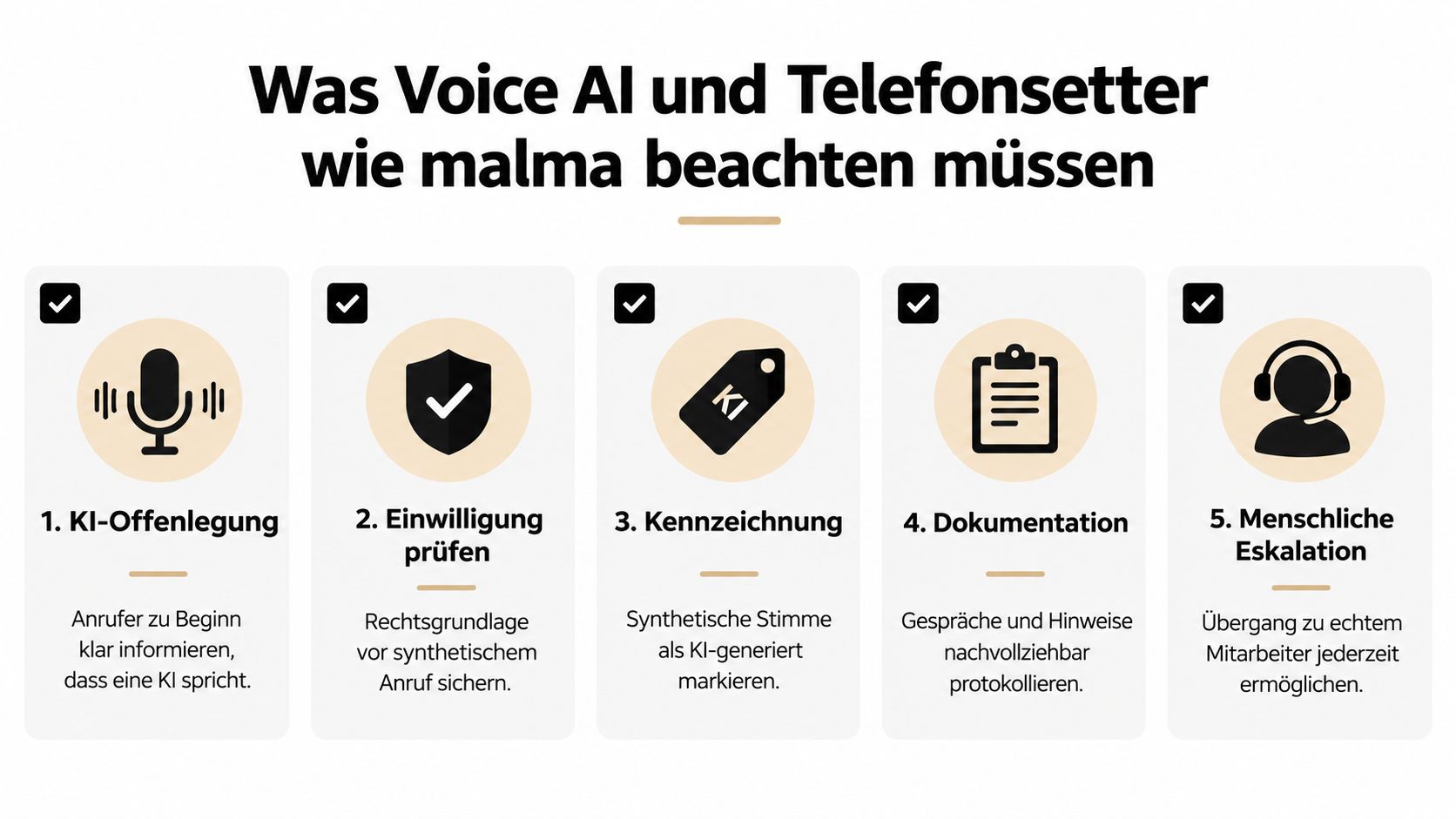 Eine Infografik, die fünf wichtige regulatorische Anforderungen für Voice-KI-Systeme wie malma im Rahmen des EU AI Acts erklärt.