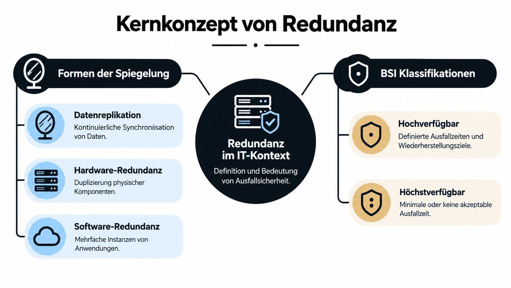 Eine Infografik zum Kernkonzept von Redundanz in der IT mit Formen der Spiegelung und BSI-Klassifikationen.