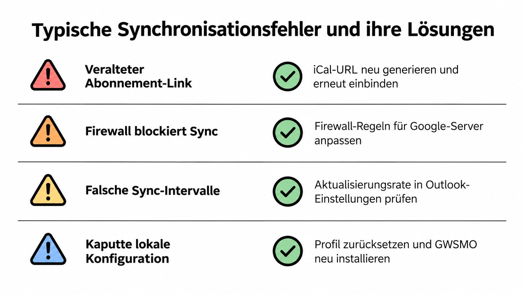 Eine Tabelle mit typischen Synchronisationsfehlern und deren passenden Lösungen für die Google Kalender und Outlook Synchronisation.