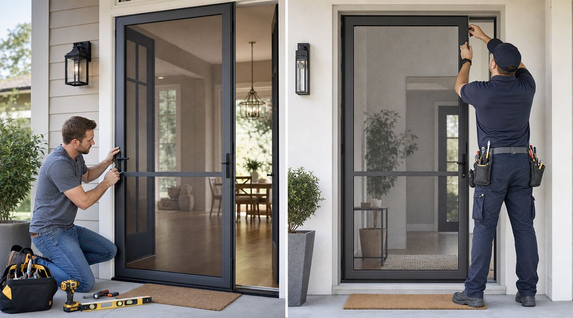 A professional installer works on installing a black metal screen storm door on a residential house entrance.