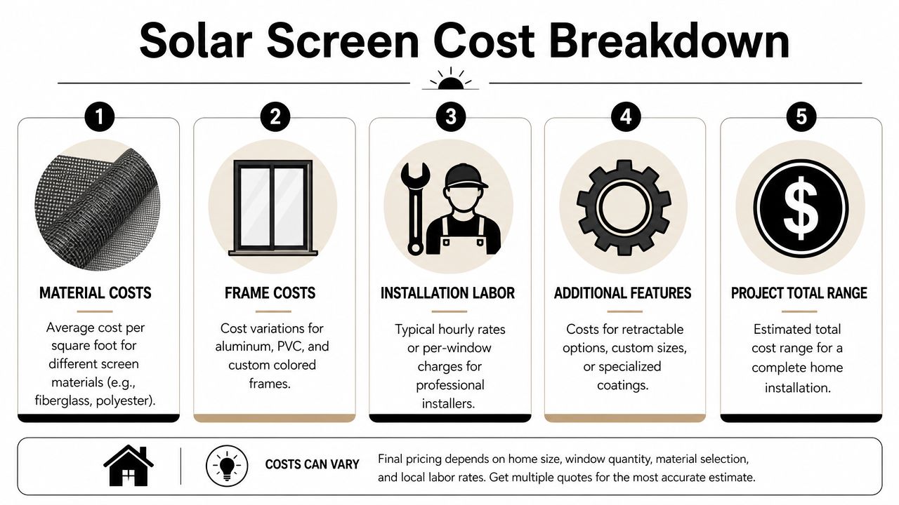 A descriptive infographic showing five key components that influence the total cost of professional solar screen installation.
