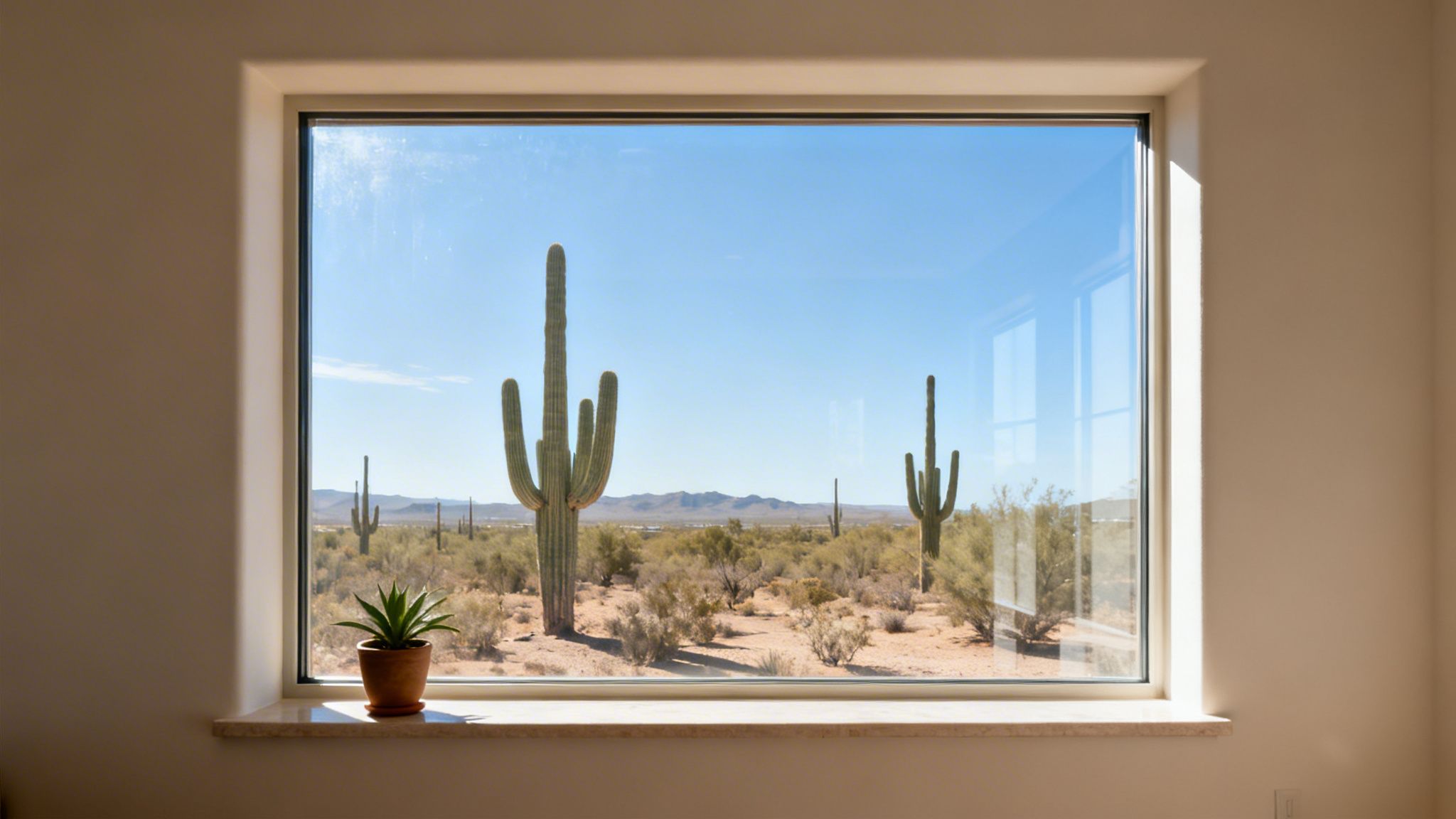 A large window overlooks a sunny Tucson desert landscape with saguaro cacti and a small potted plant on the sill.