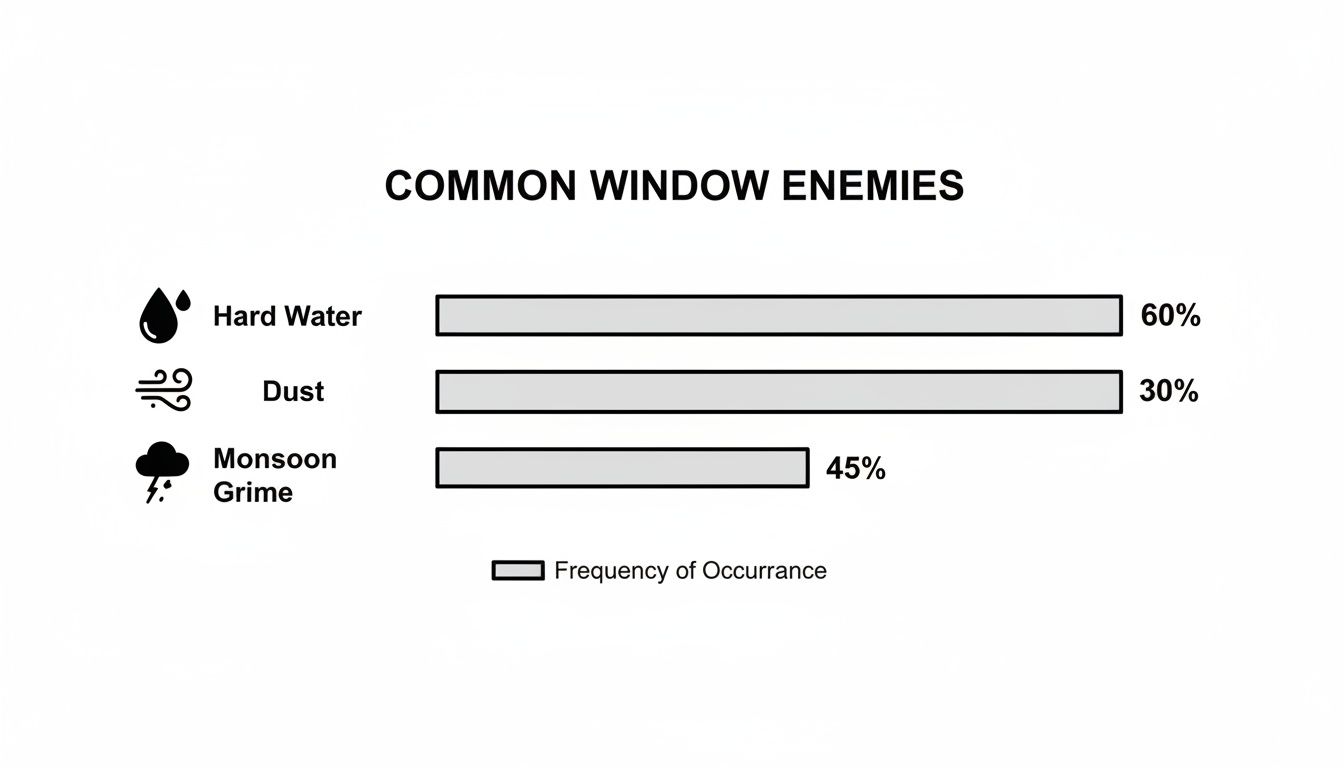 Bar chart displaying the frequency of common window enemies like hard water, dust, and monsoon grime.