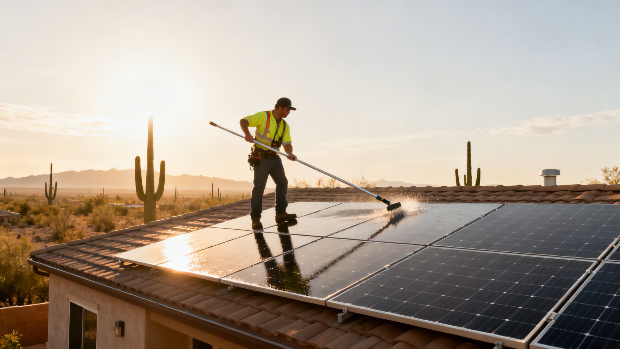A worker in a high-visibility vest cleans rooftop solar panels with a long brush against a desert sunset.