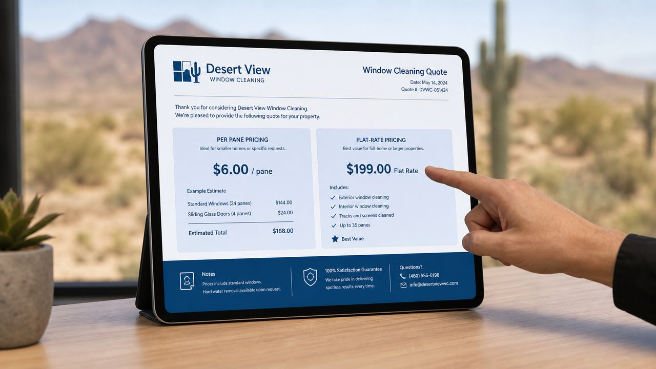 A hand touches a tablet screen showing a window cleaning price quote for a residential service.