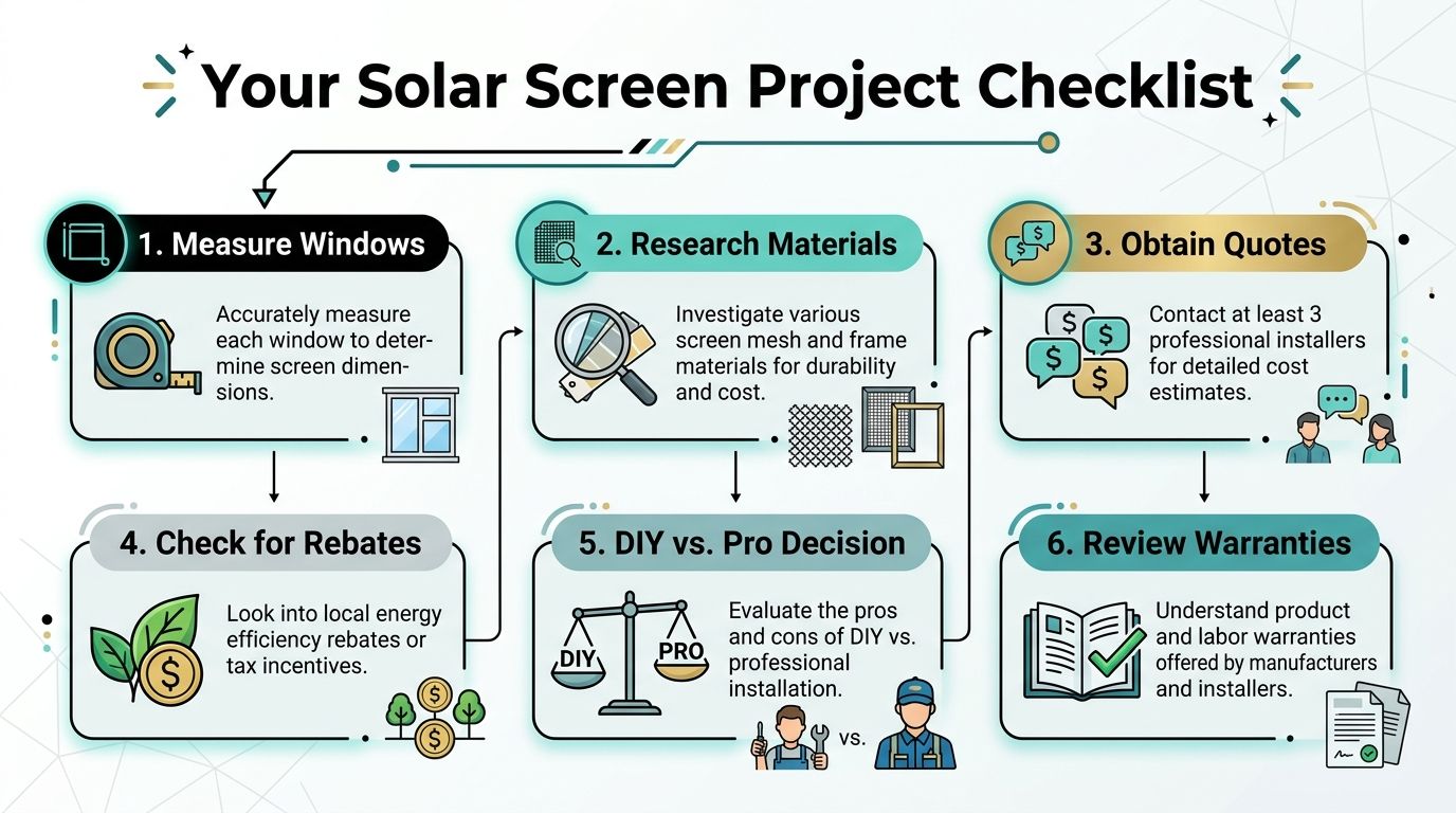A checklist infographic detailing six essential steps for planning and completing a solar screen installation project.