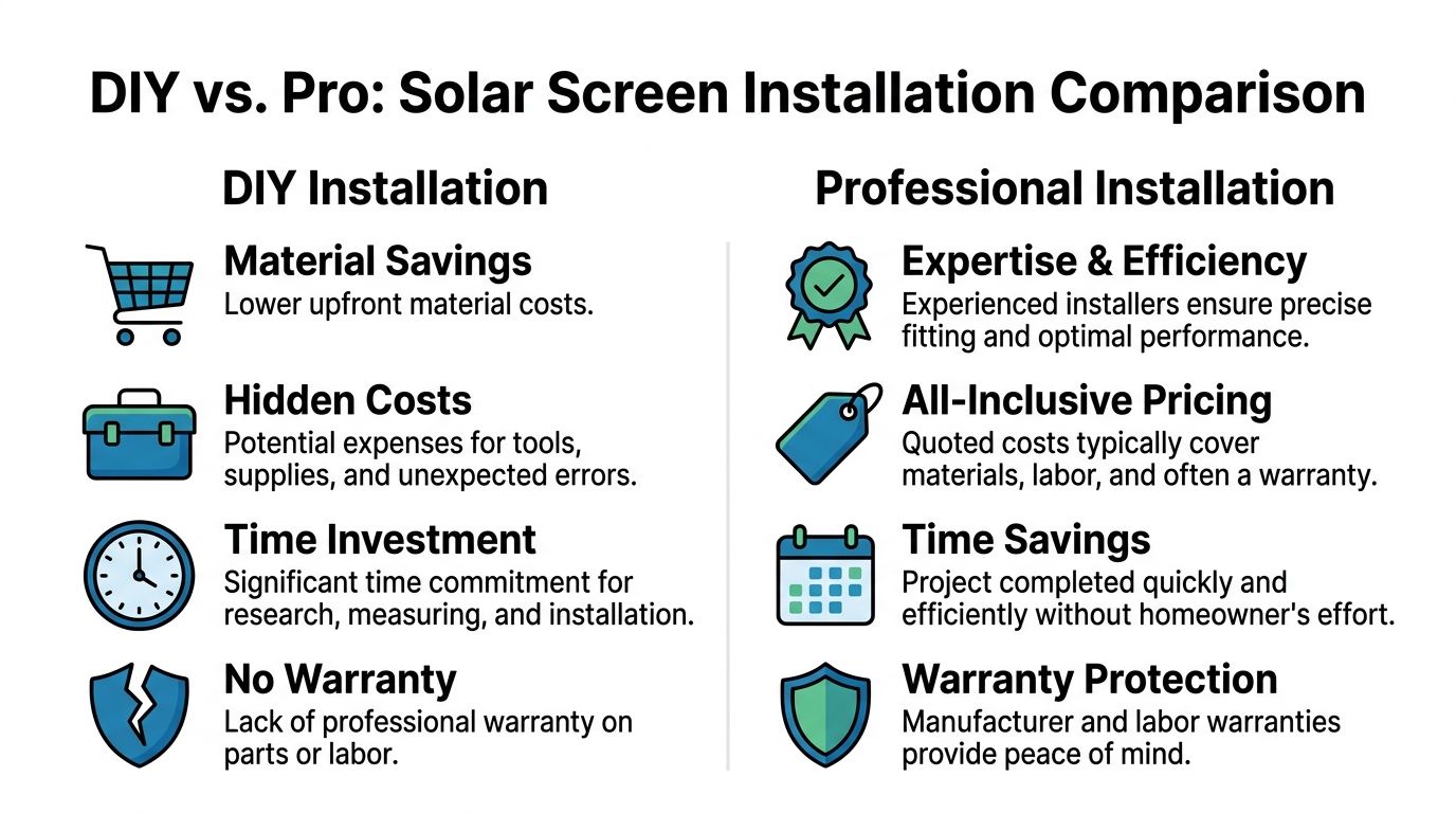 A comparison chart highlighting the pros and cons of DIY versus professional solar screen installation.