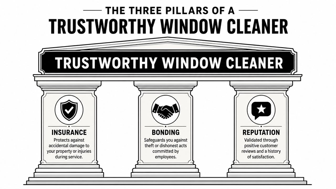 An infographic showing the three pillars of a trustworthy window cleaner: insurance, bonding, and reputation.