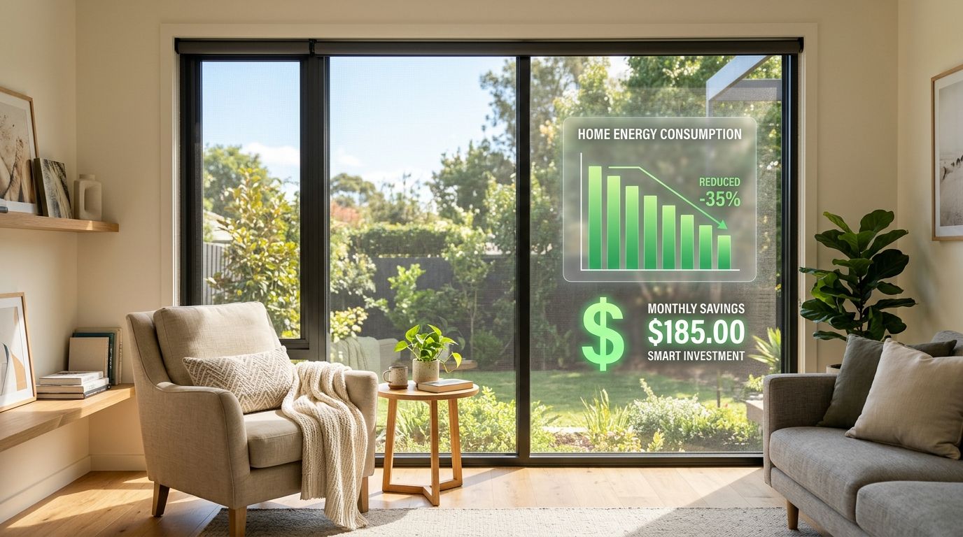 A modern living room with a large window showing energy savings from home solar screen installation.