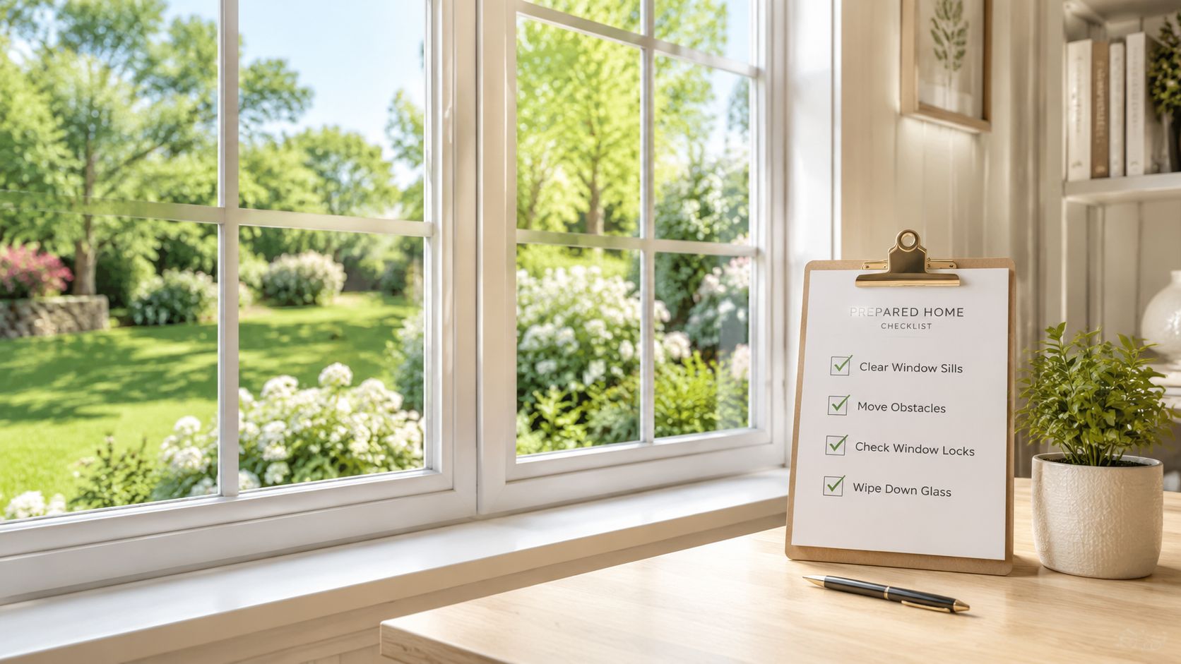 A clipboard with a window cleaning checklist sits on a desk next to a bright window.