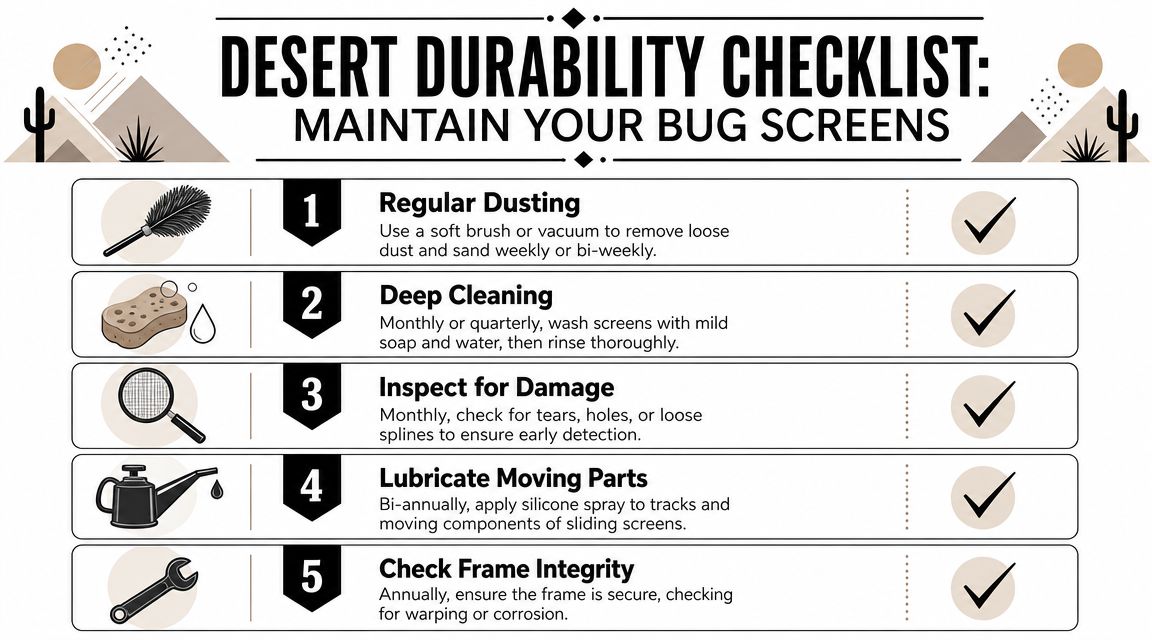 A checklist graphic titled Desert Durability Checklist illustrating five maintenance steps for caring for home bug screens.