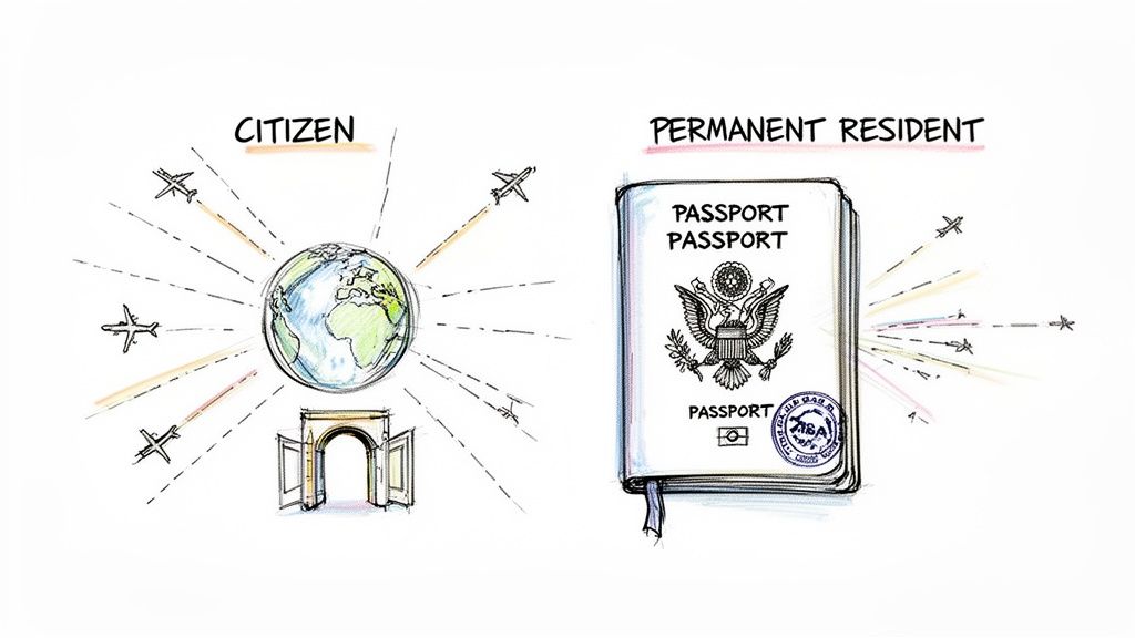 Illustration comparing travel possibilities for a citizen with a globe and a permanent resident with a US passport.