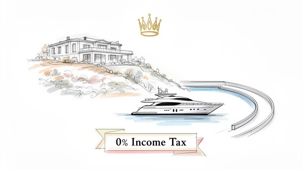 A sketch depicting a luxurious mansion, a yacht, and a crown, emphasizing 0% income tax benefits.
