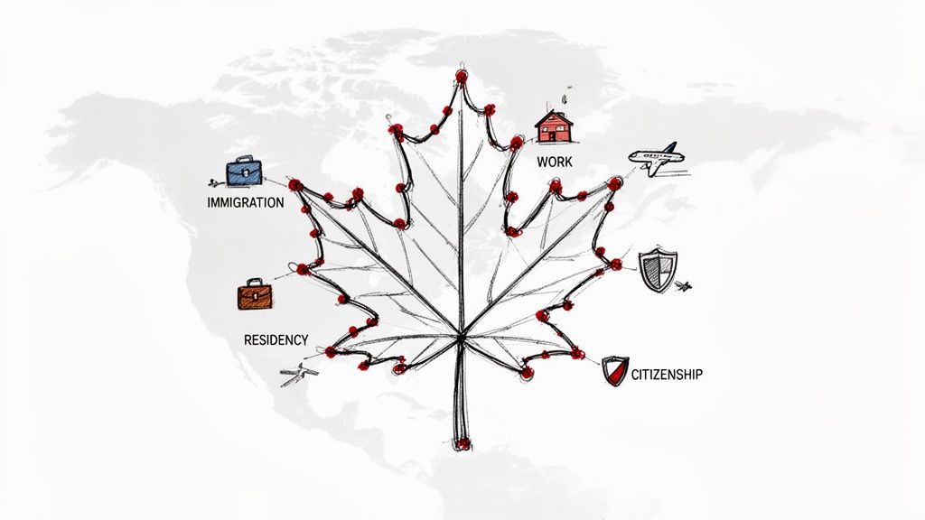 A hand-drawn Canadian maple leaf illustrating the journey from immigration, residency, work, to citizenship.