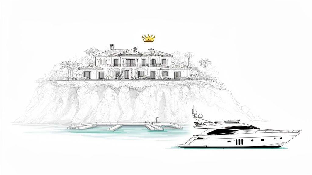 A detailed sketch of a luxurious cliffside mansion with a golden crown, a yacht, and a pier.