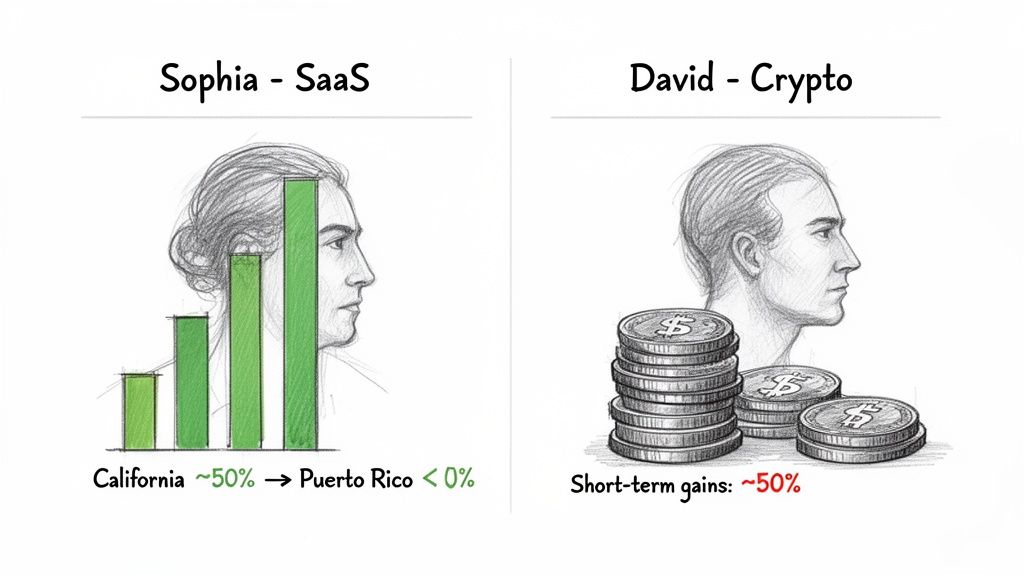 Sophia (SaaS) shows tax savings moving from California to Puerto Rico, David (Crypto) has short-term gains.