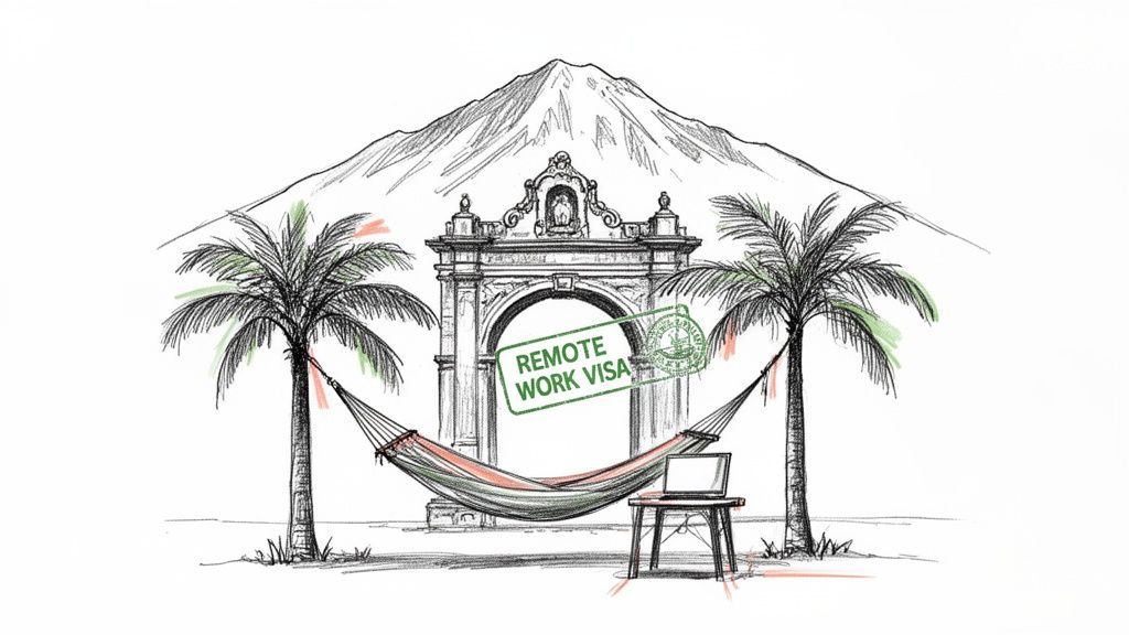 A sketch of a tropical beach scene with palm trees, a hammock, a laptop, an archway, and a 'Remote Work Visa' stamp.