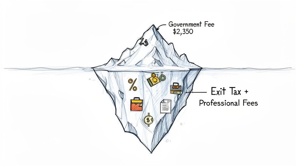 An iceberg illustrating the cost of renouncing US citizenship: $2,350 government fee (visible) vs. hidden exit tax and professional fees (below water).