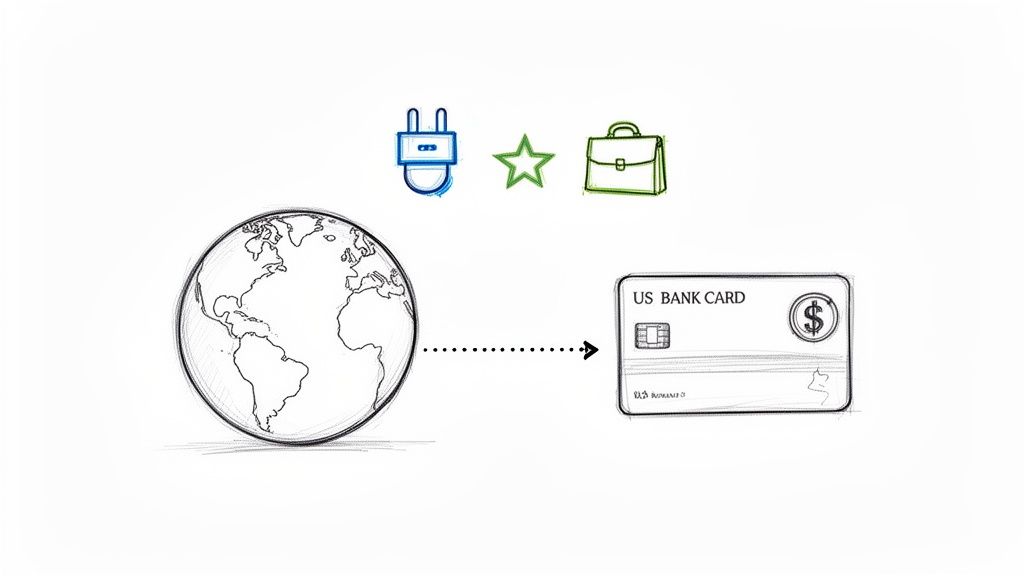 Sketch of a globe connecting to a US bank card, with icons for power, star, and a briefcase.