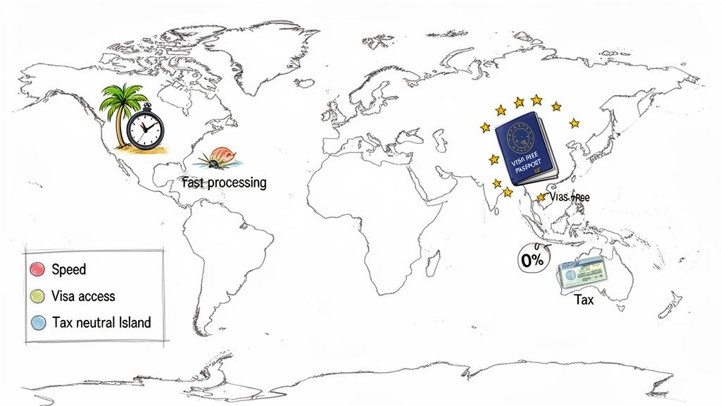 World map illustrating fast processing, visa-free travel, and tax benefits for obtaining a second passport.