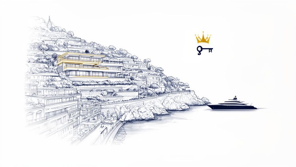 Sketch of luxurious coastal properties on a hillside with a yacht, crown, and key symbol.