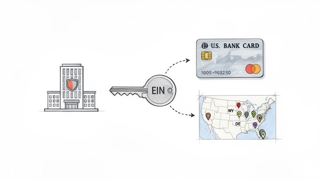 An EIN key links a business building to a U.S. bank card and multiple U.S. state locations, signifying business setup.