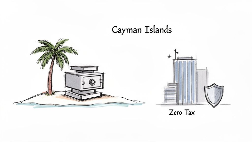 A drawing representing the Cayman Islands with a palm tree, safes, buildings, and 'Zero Tax' text.