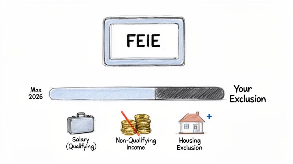 Illustration of Foreign Earned Income Exclusion (FEIE) showing qualifying income, non-qualifying income, and housing exclusion.