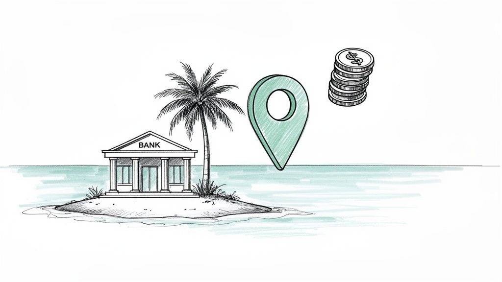 An illustration of an offshore bank on a tropical island with a location pin and dollar coins.