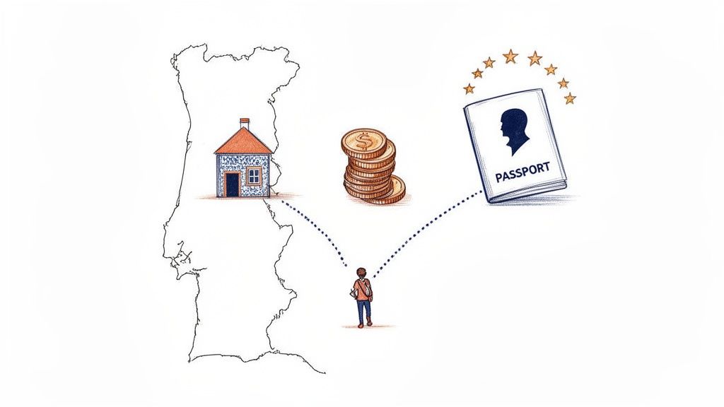 Illustration of investing in a Portuguese house and money to obtain a European passport.