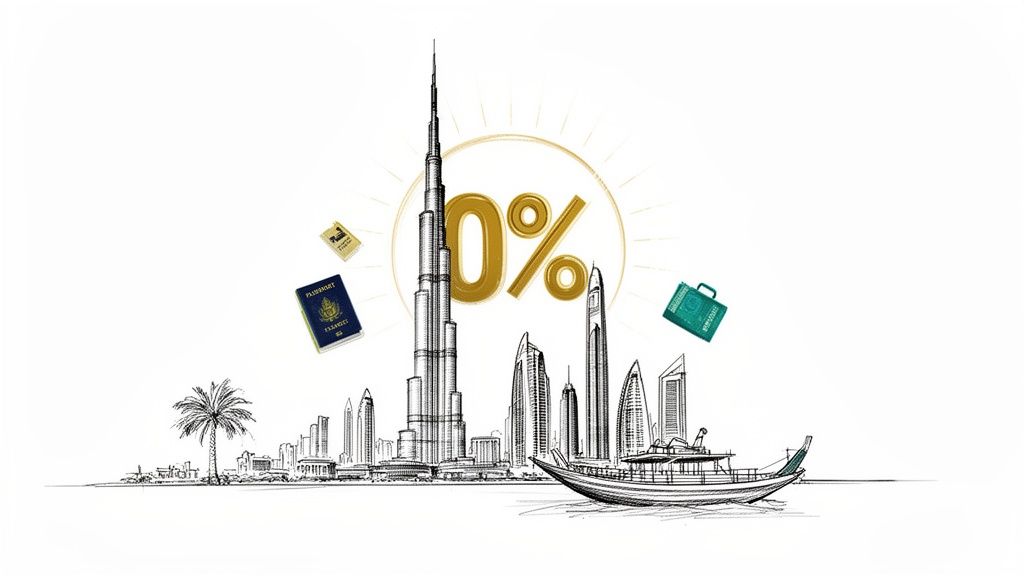 Illustration of Dubai skyline with 0% tax symbol, passports, and a briefcase, symbolizing tax-free travel.