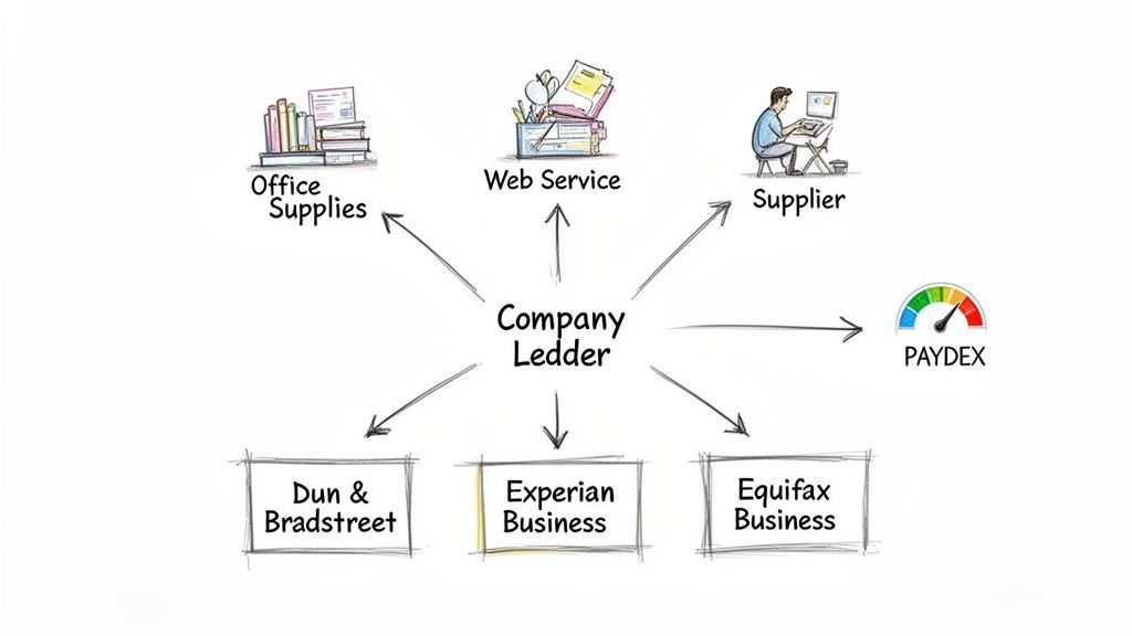Diagram showing a company ledger's interactions with suppliers, web services, and credit bureaus affecting PAYDEX.