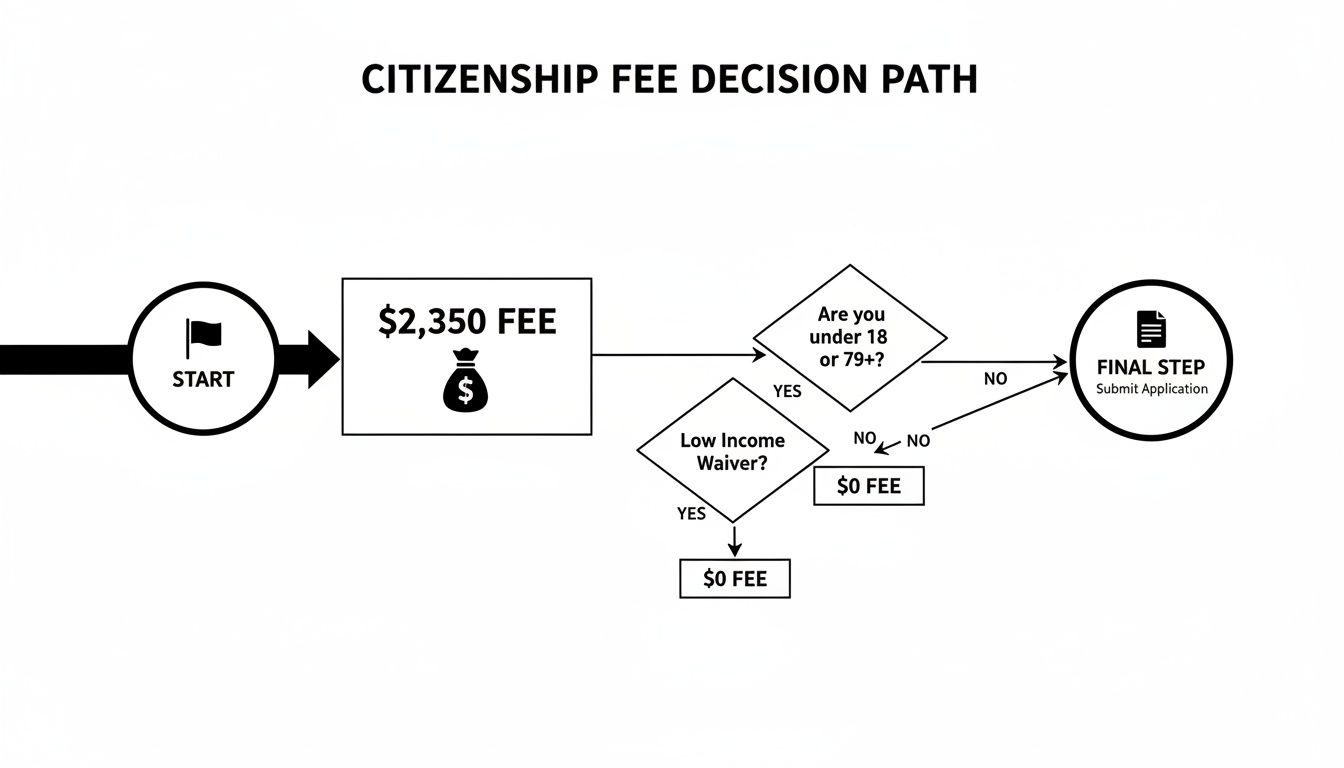 Flowchart illustrating citizenship fee decision path, including an initial $2,350 fee, age, and waiver criteria.