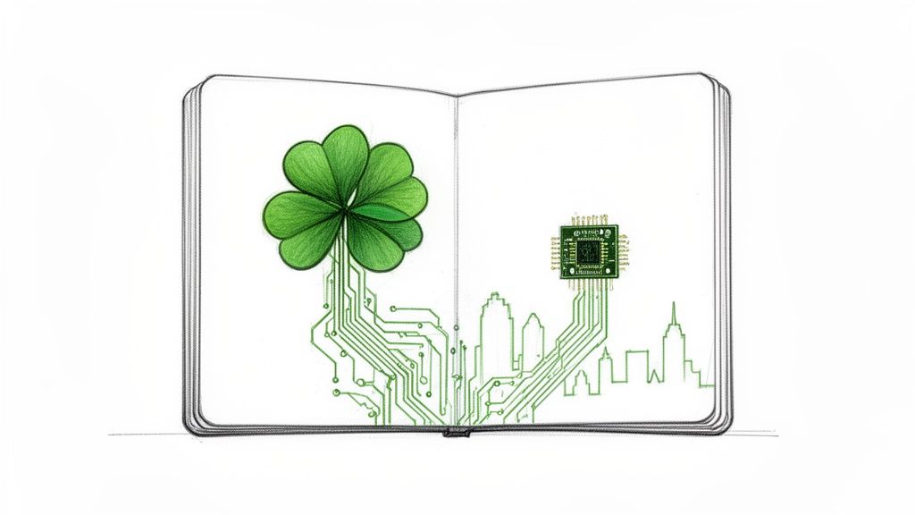 An open notebook with a green four-leaf clover and a city skyline connected by circuits.