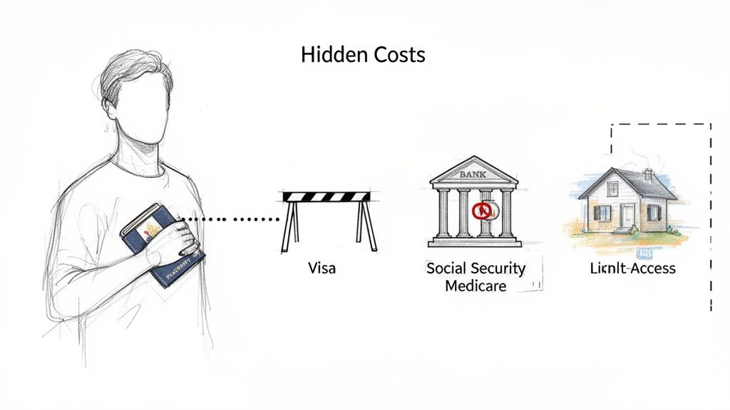 A person holding a passport faces hidden costs for visa, social security, medicare, and limited access to a house.