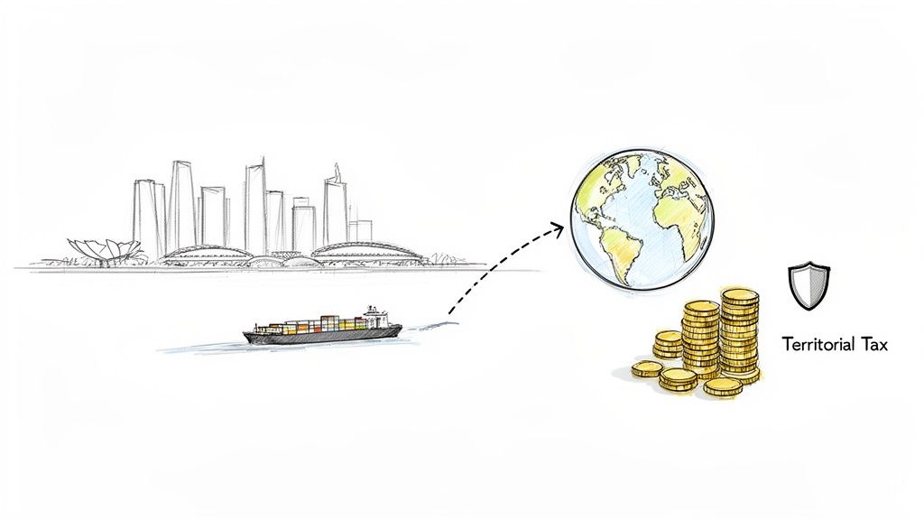 A sketch showing a container ship leaving a city towards a globe, symbolizing international trade and territorial tax.