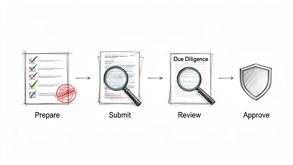 Illustration of a four-step approval process: prepare, submit, review due diligence, and approve.