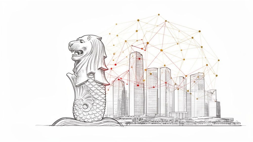 Merlion statue and modern city buildings with a digital network overlay, representing a smart city.