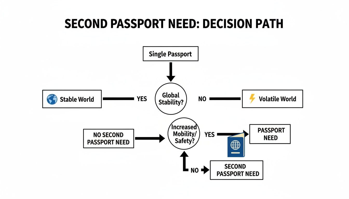 Flowchart outlining the decision path for needing a second passport based on global stability.