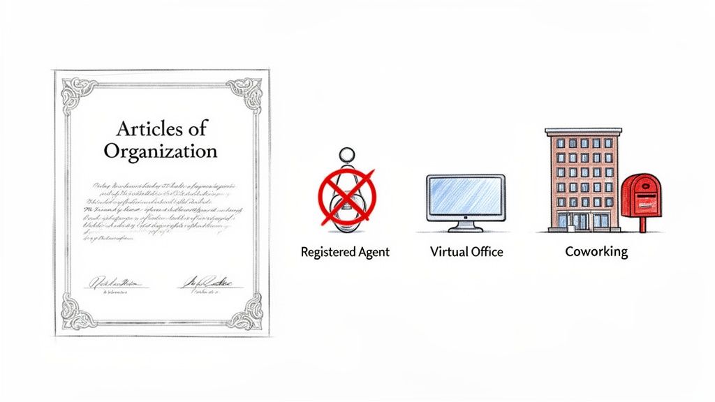 Visual representation of business setup options including Articles of Organization, no Registered Agent, Virtual Office, and Coworking space.