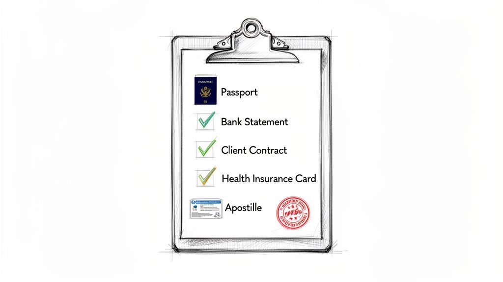 A checklist on a clipboard showing required documents like passport, bank statement, client contract, and health insurance.
