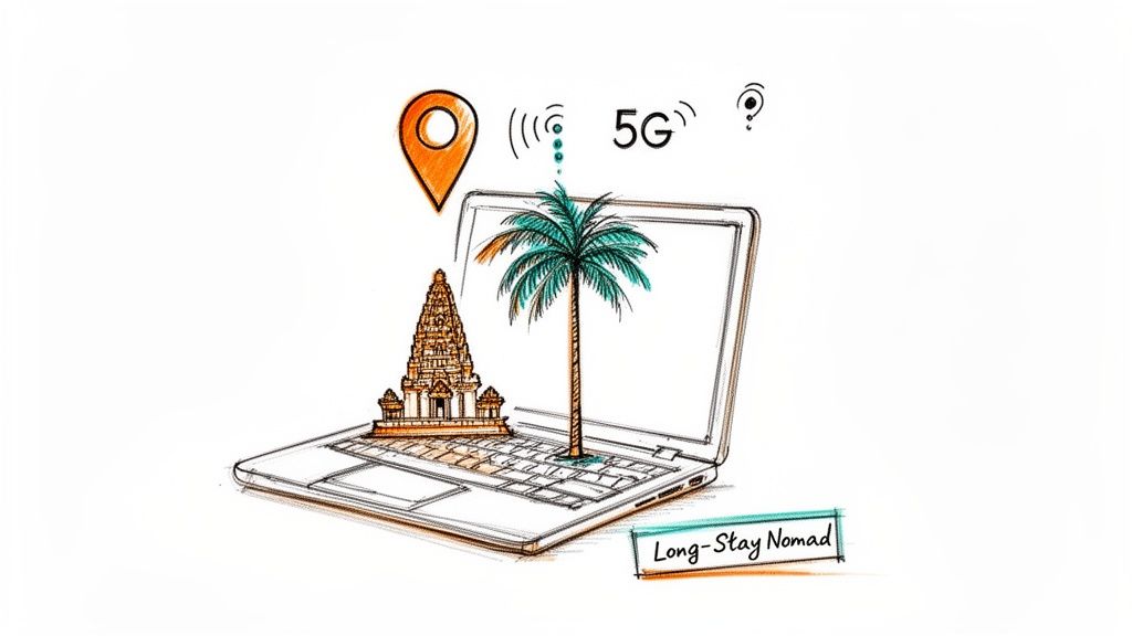 Illustration showing a laptop, temple, palm tree, and 5G, symbolizing the long-stay digital nomad lifestyle.