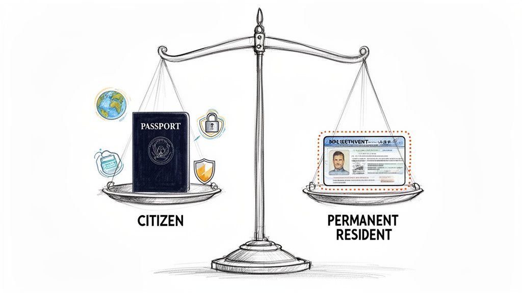 A scale comparing citizenship (passport, globe, briefcase, lock, shield) to permanent residency (ID card).