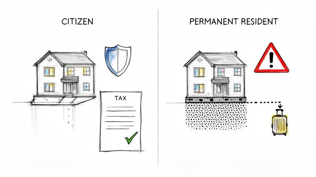 A visual comparison contrasting the stability of a citizen with the potential transience of a permanent resident.
