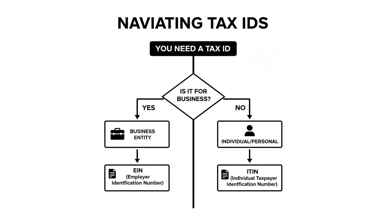 Flowchart guides determining tax ID type: EIN for business, ITIN for individual/personal use.