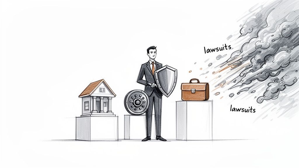 A man with a shield protects a house and briefcase from flying lawsuits and debris.