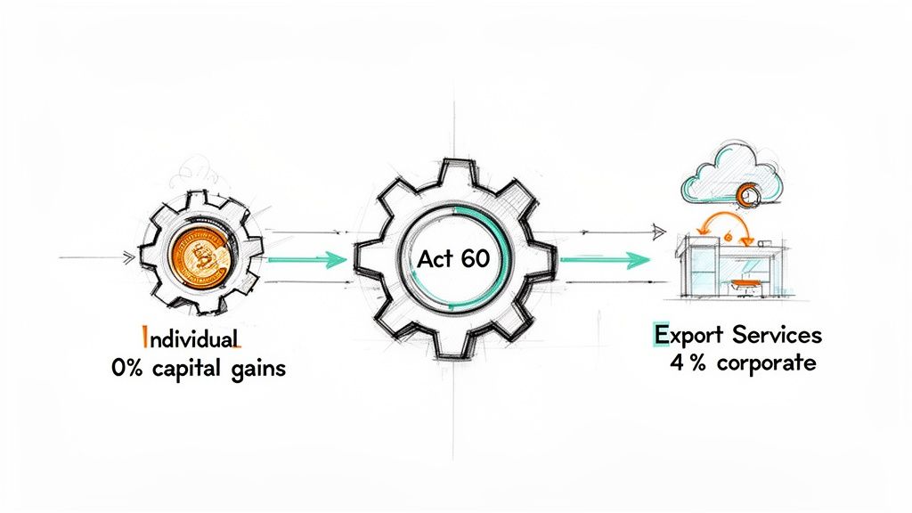 A diagram illustrating the Act 60 tax incentive for individuals and export services.