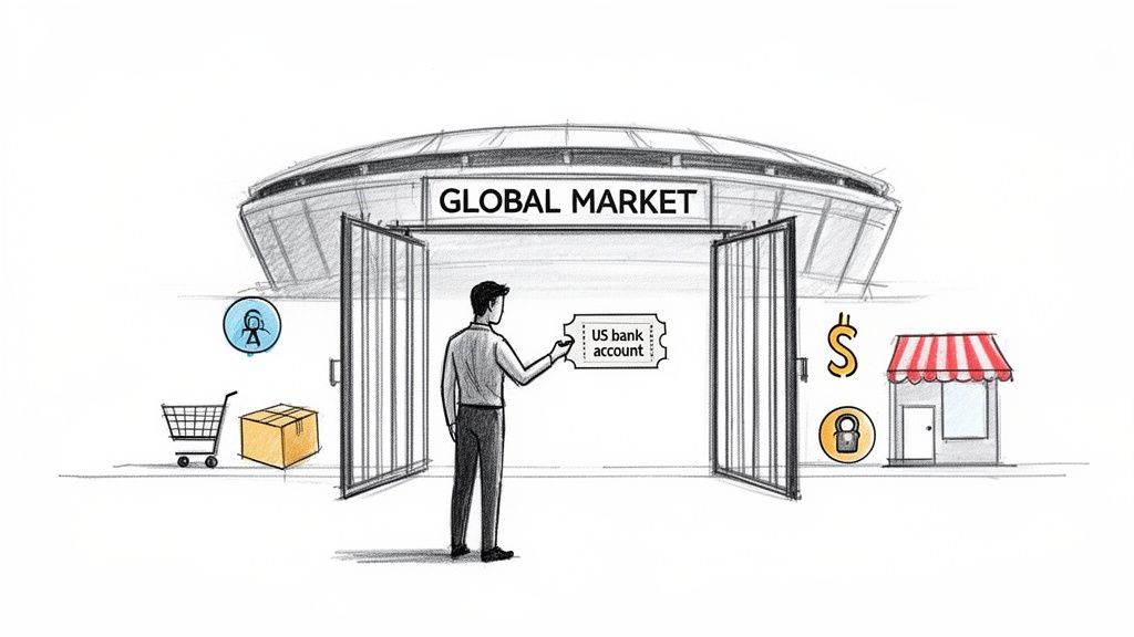 Man holding 'US bank account' ticket, ready to enter the global market for business.