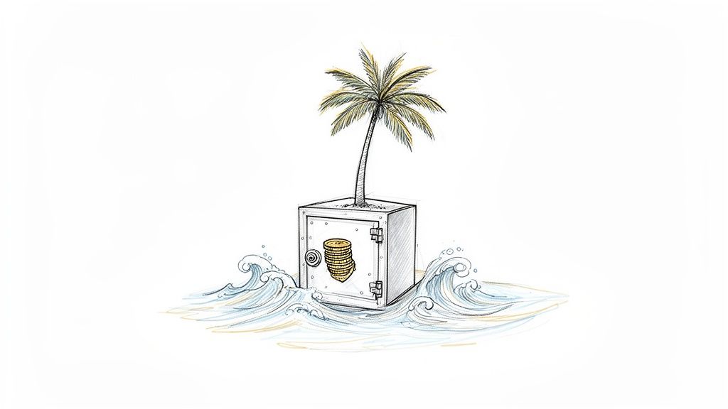 A secure safe with a palm tree growing out, holding gold coins, floating on ocean waves.